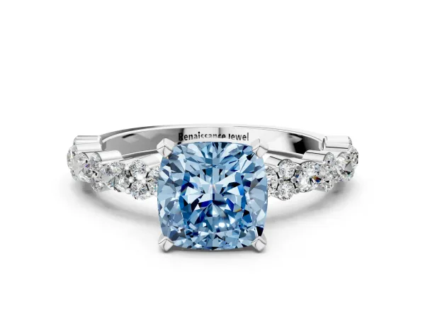 Fancy Blue Cushion Cut Diamond Side Stone Solitaire Ring with Round and Four-Prong Setting Platinum