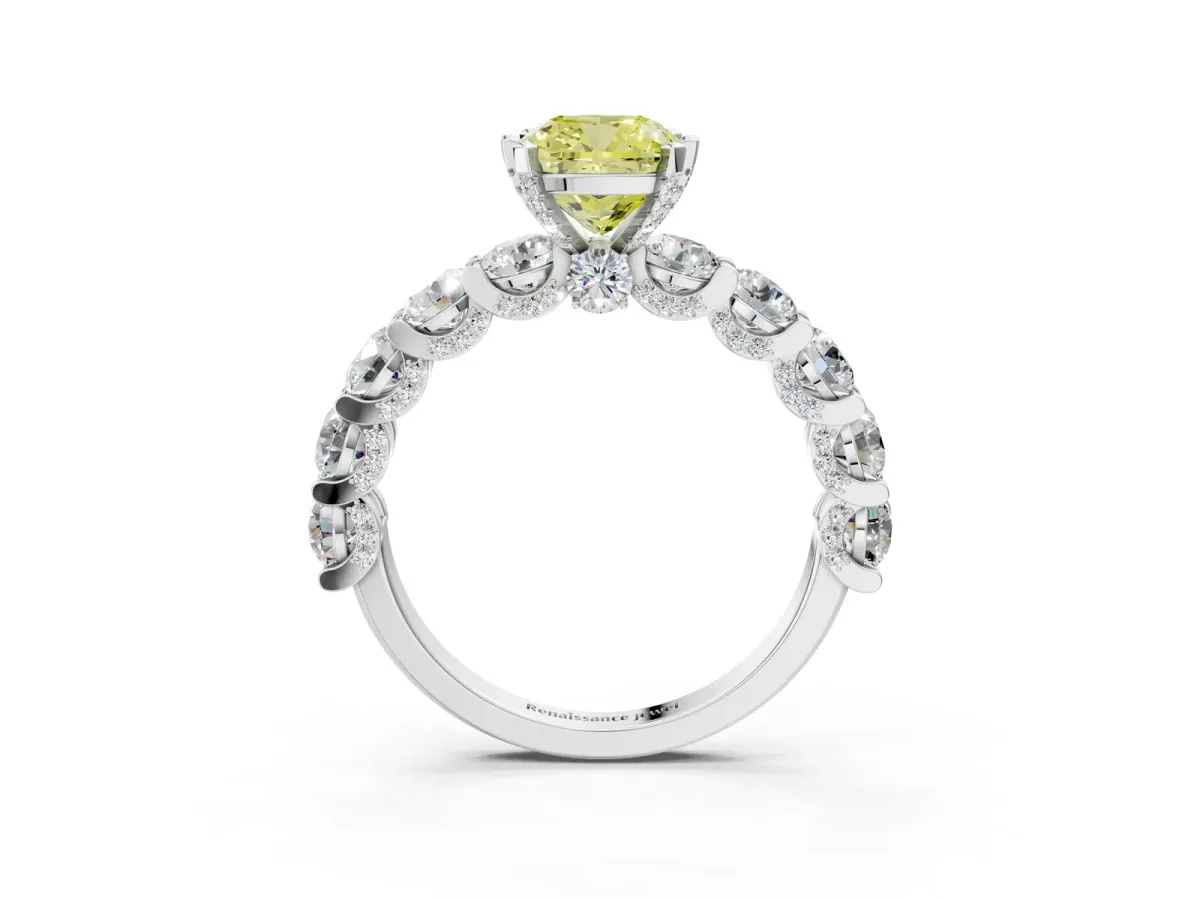 Fancy Yellow Cushion Cut Diamond Side Stone Engagement Ring with Four-Prong Setting Silver