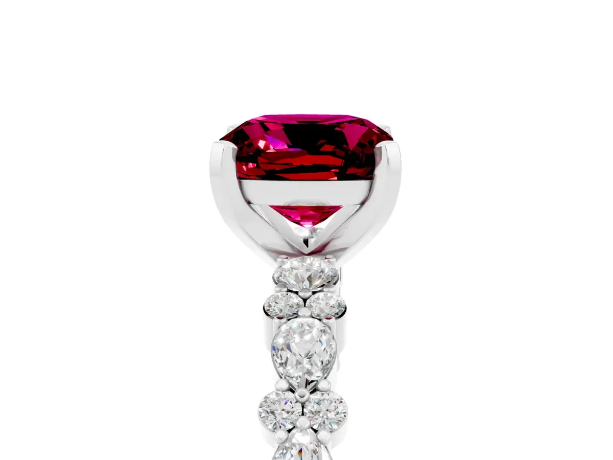 Cushion Cut Garnet Side Stone Solitaire Ring with Round and Four-Prong Setting Platinum