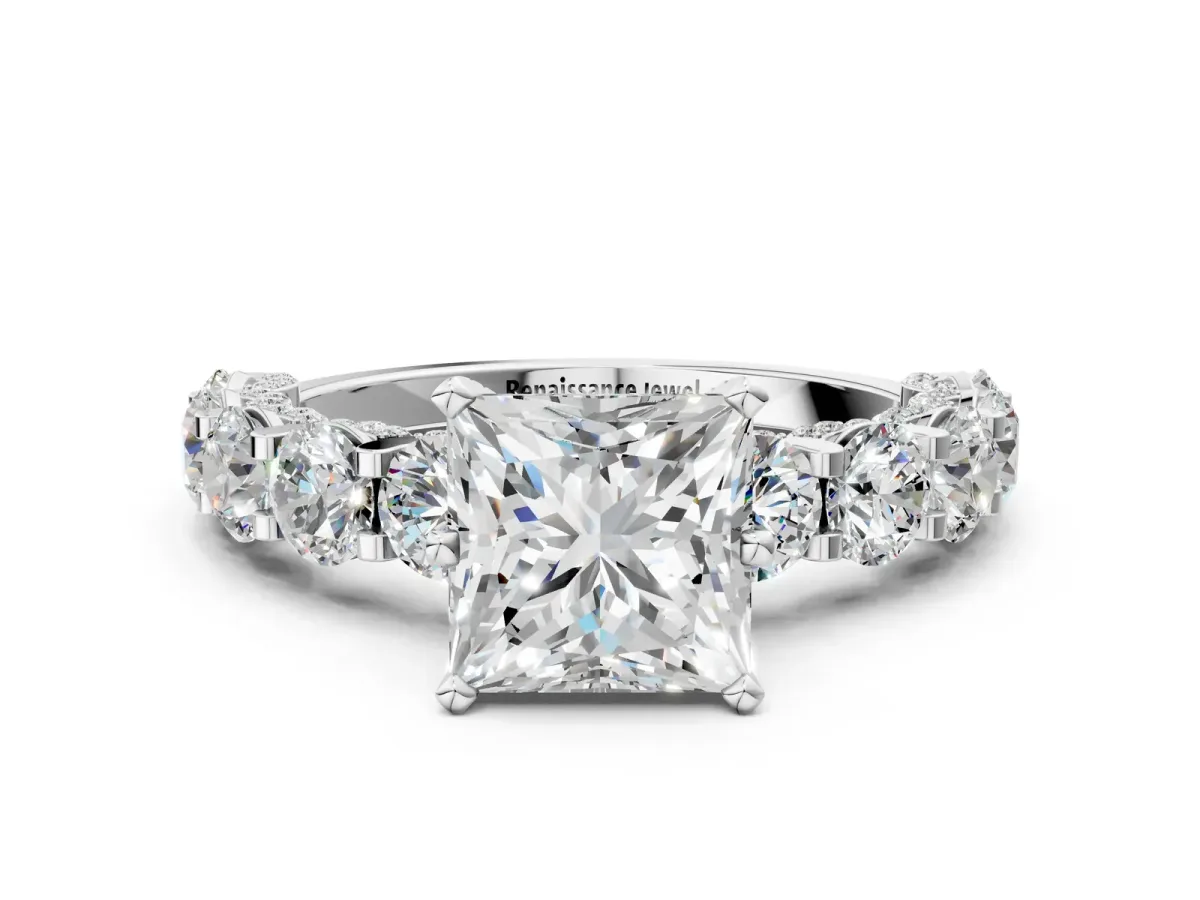 Princess Cut Diamond Side Stone Engagement Ring with Four-Prong Setting White gold