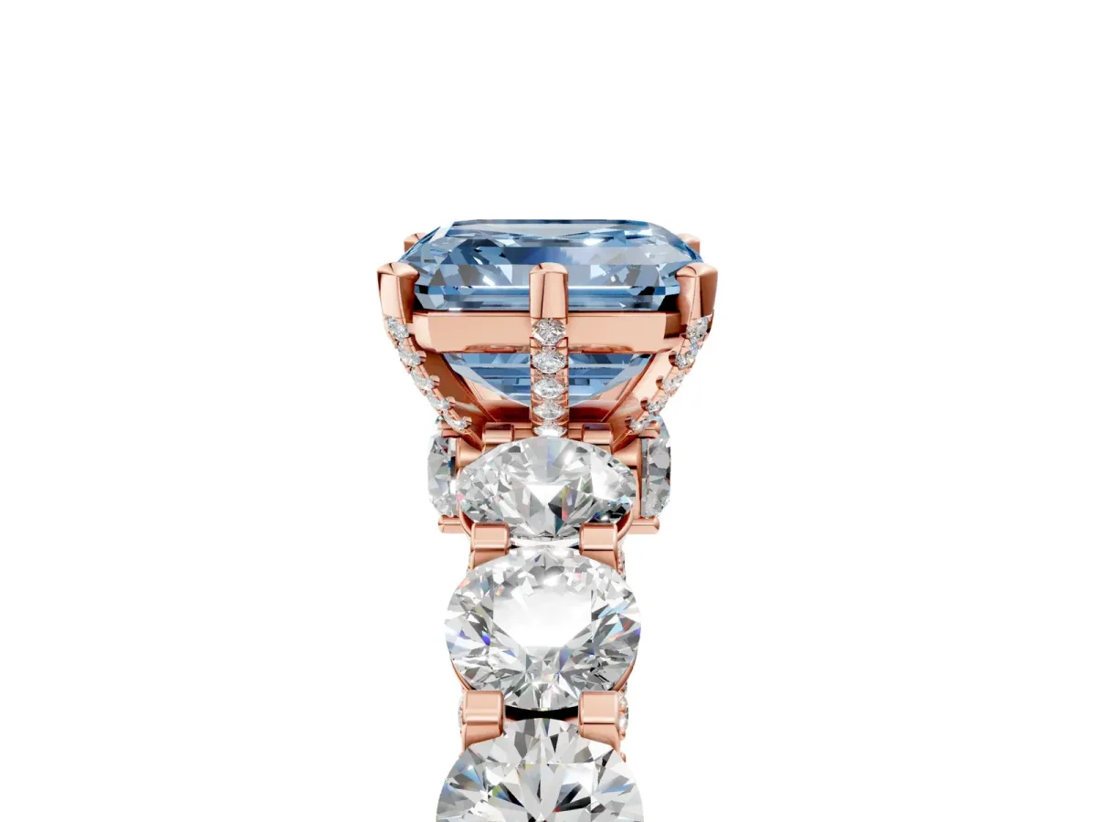 Fancy Blue Asscher Cut Diamond Side Stone Engagement Ring with Four-Prong Setting Rose gold