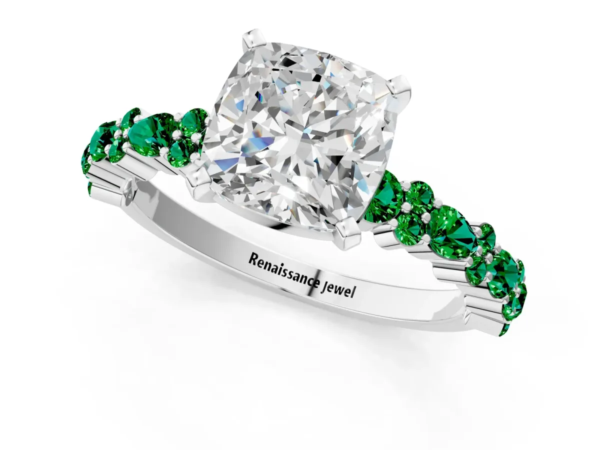 Cushion Cut Diamond Side Stone Solitaire Ring with Round Emerald and Four-Prong Setting Platinum