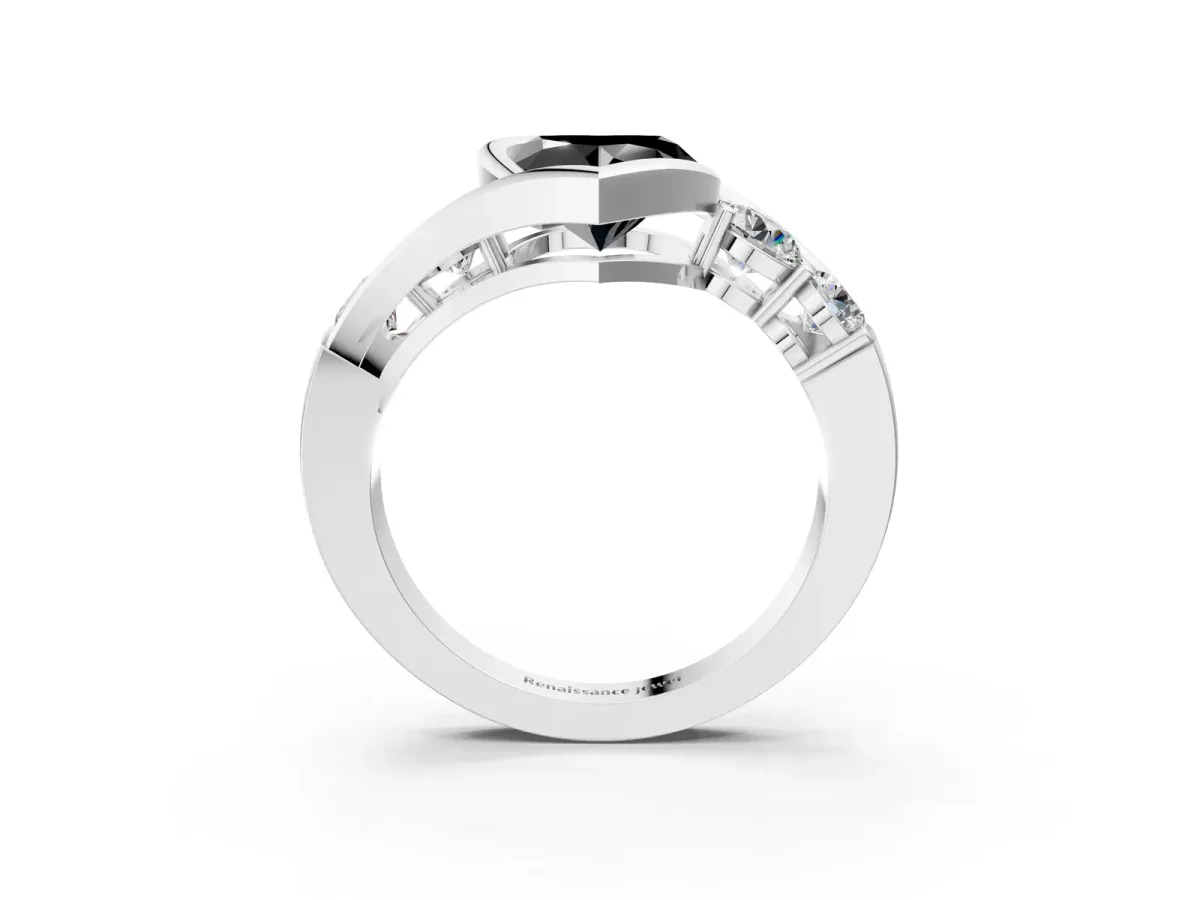Fancy Black Bezel Set Heart Cut Diamond Bypass Ring with Round Accents Platinum