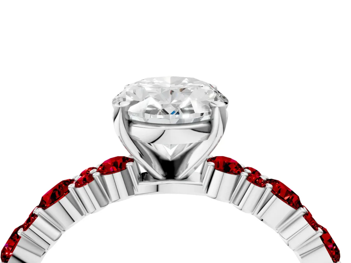 Oval Cut Diamond Side Stone Solitaire Ring with Round Ruby and Four-Prong Setting White gold