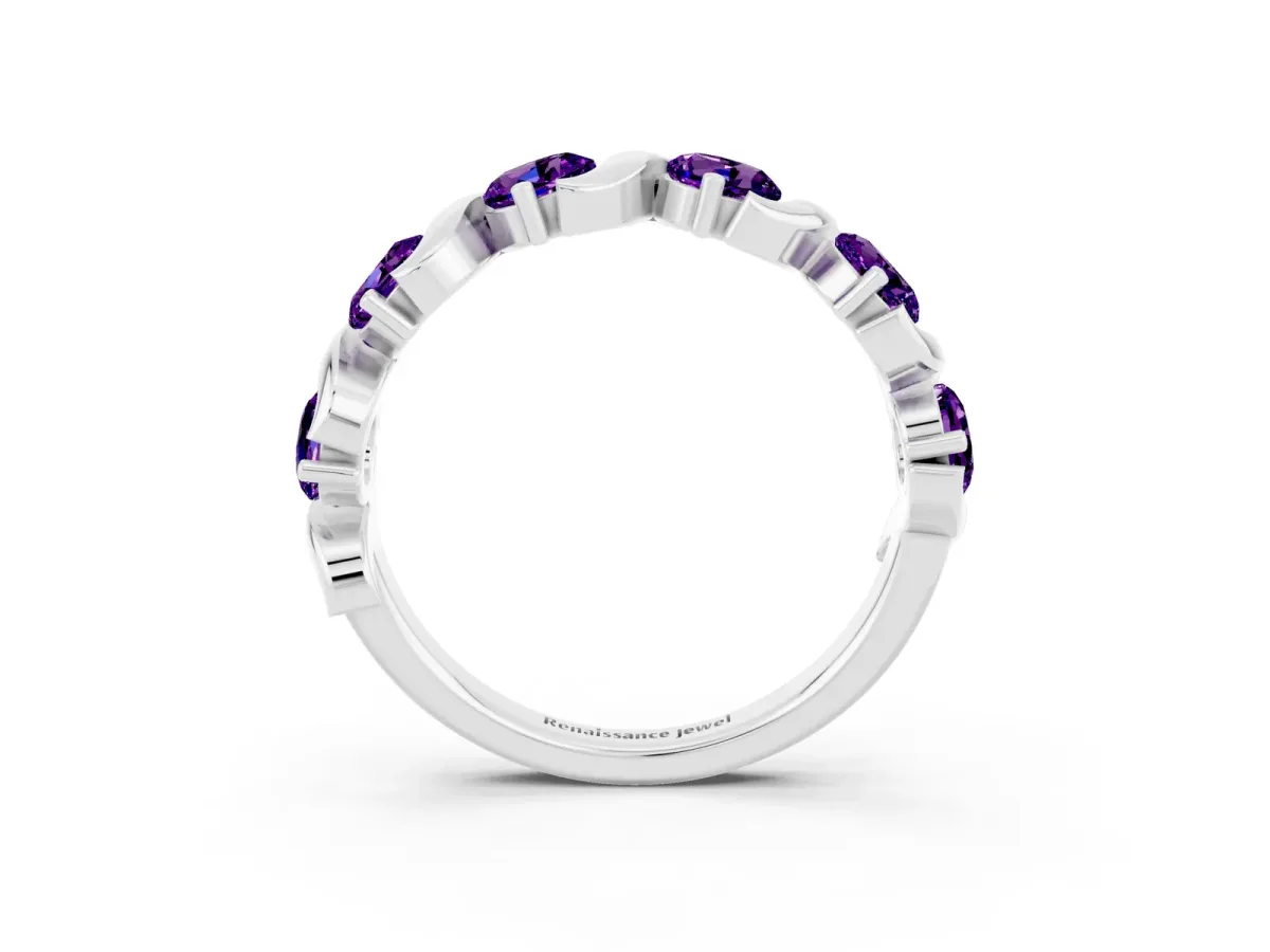 Six-Stone Round Amethyst Wave Band with Shared Prong Setting Silver