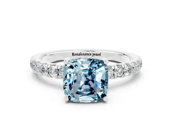 Cushion Cut Aquamarine Pave Band Solitaire Ring with Round and Prong Setting Platinum