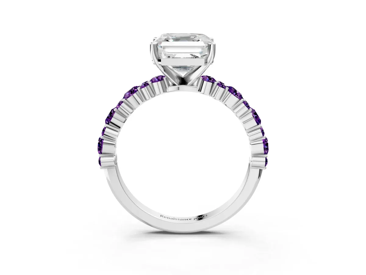 Asscher Cut Diamond Side Stone Solitaire Ring with Round Amethyst and Four-Prong Setting Platinum