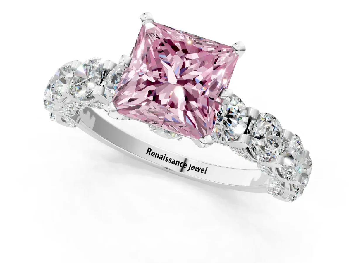 Fancy Pink Princess Cut Diamond Side Stone Engagement Ring with Four-Prong Setting Platinum