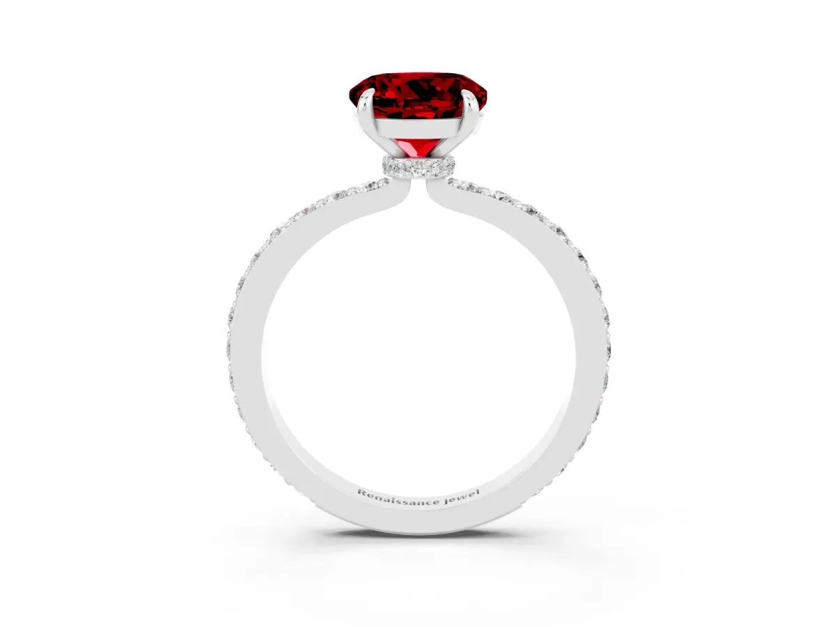 Round Cut Ruby Solitaire Engagement Ring with Pavé Band and Four-Prong Setting Platinum