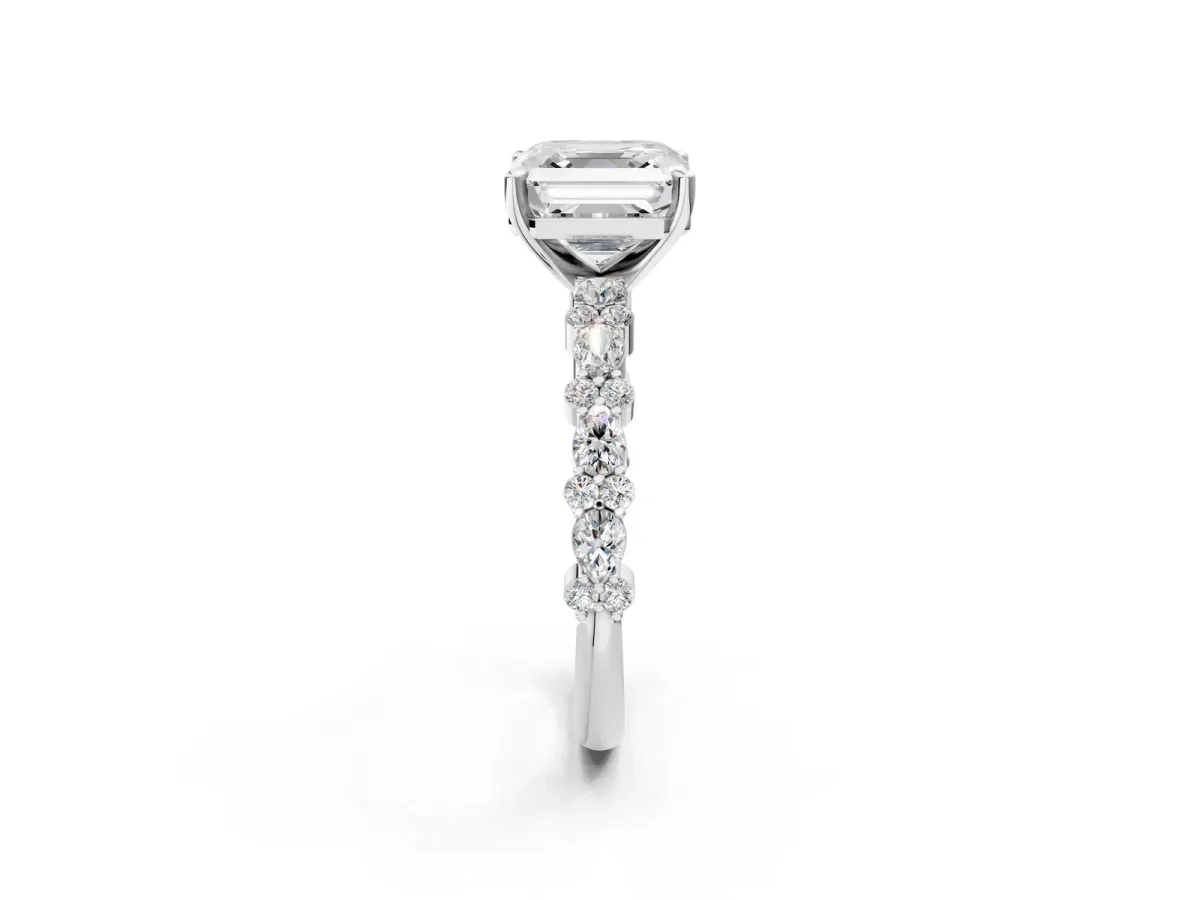 Asscher Cut Diamond Side Stone Solitaire Ring with Round and Four-Prong Setting Platinum