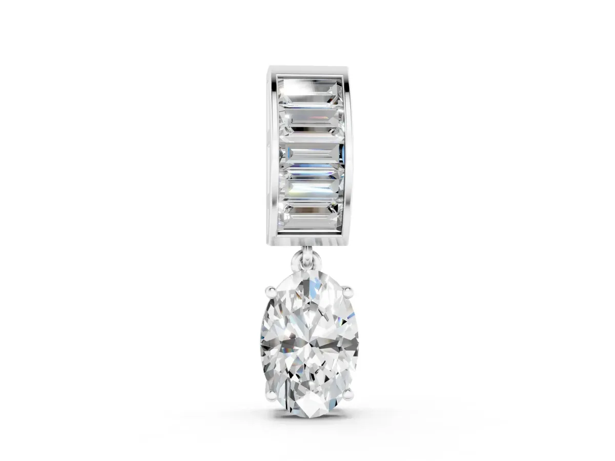 Oval and Baguette Diamond Drop Pendant Silver