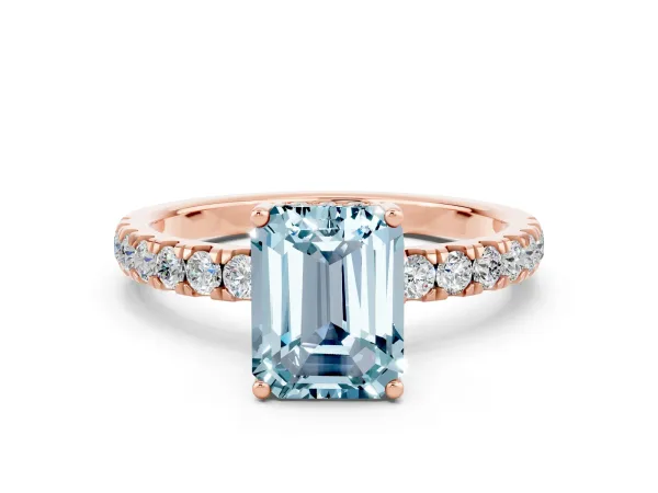 Emerald Cut Aquamarine Pave Band Solitaire Ring with Round and Prong Setting Rose gold
