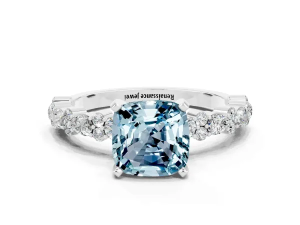 Cushion Cut Aquamarine Side Stone Solitaire Ring with Round and Four-Prong Setting Platinum