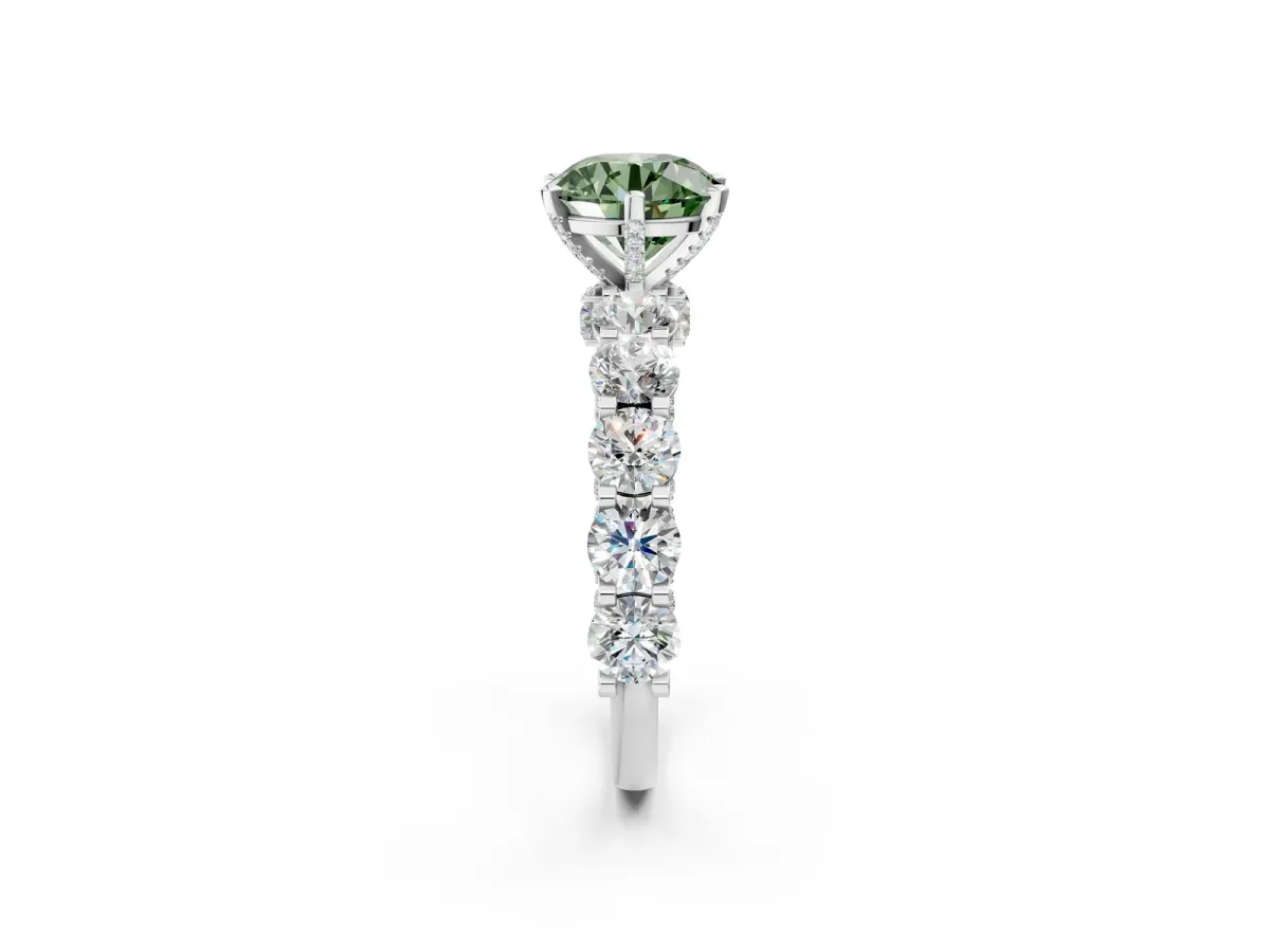 Fancy Green Round Cut Diamond Side Stone Engagement Ring with Four-Prong Setting White gold