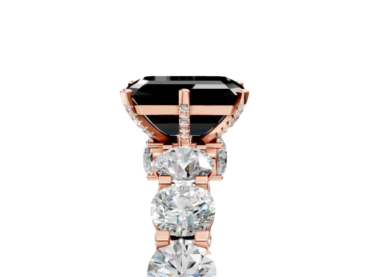 Fancy Black Emerald Cut Diamond Side Stone Engagement Ring with Four-Prong Setting Rose gold