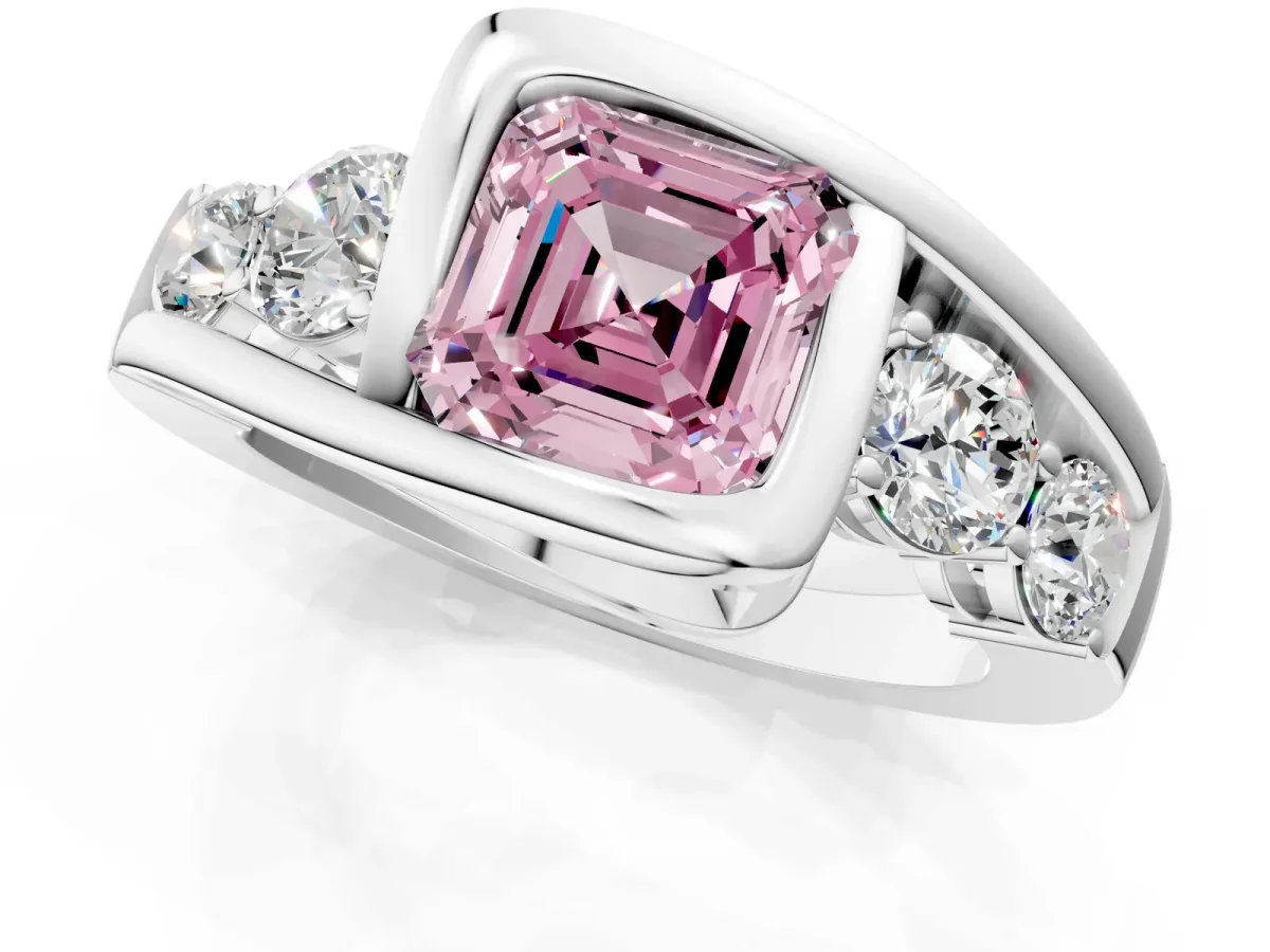 Fancy Pink Bezel Set Asscher Cut Diamond Bypass Ring with Round Accents Platinum