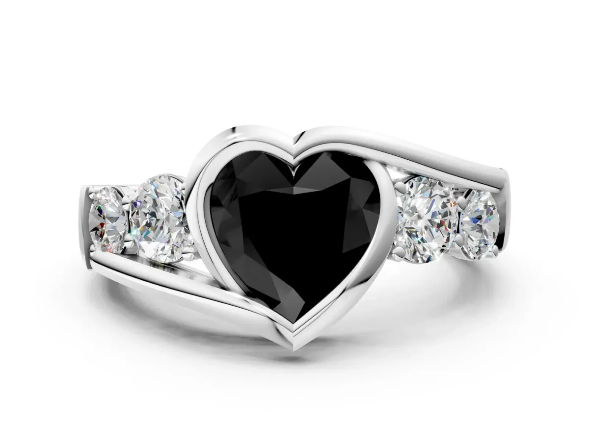 Fancy Black Bezel Set Heart Cut Diamond Bypass Ring with Round Accents Platinum