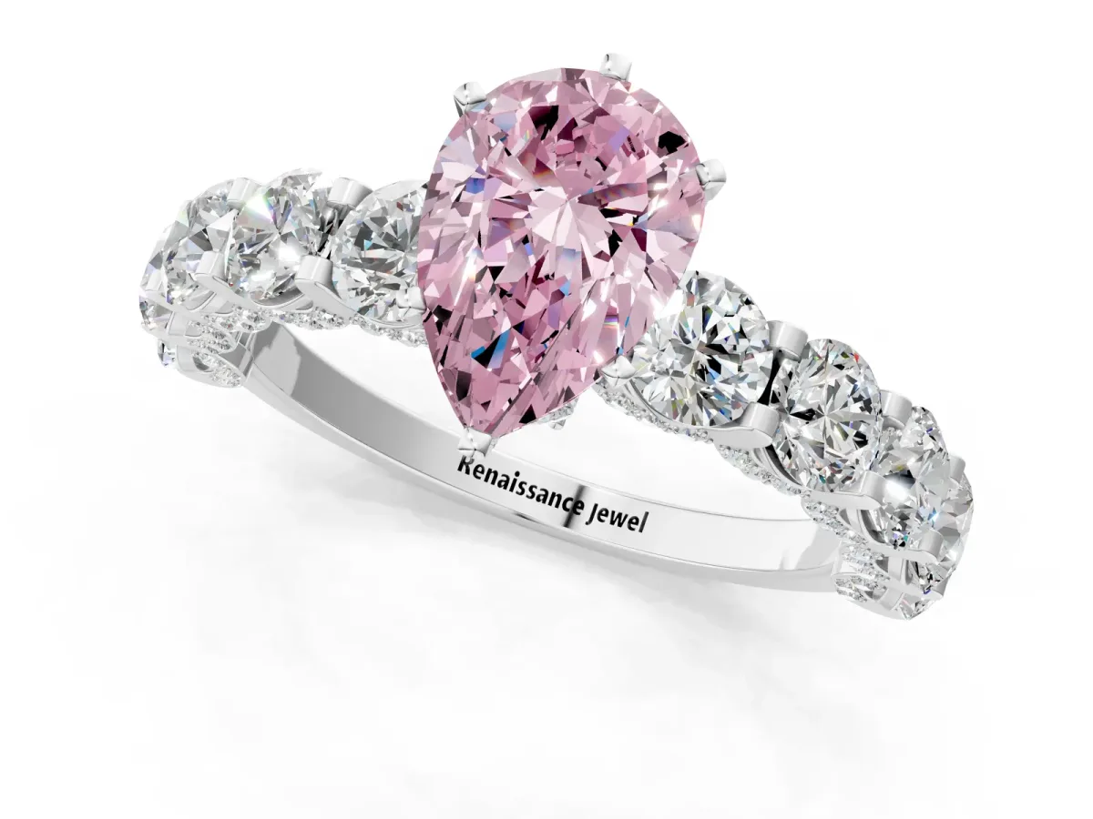 Fancy Pink Pear Cut Diamond Side Stone Engagement Ring with Four-Prong Setting White gold