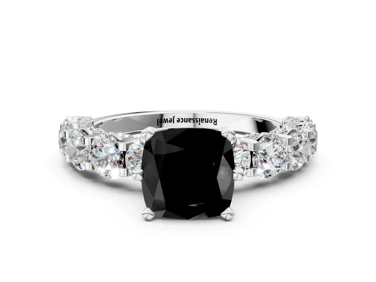 Fancy Black Cushion Cut Diamond Side Stone Engagement Ring with Four-Prong Setting White gold
