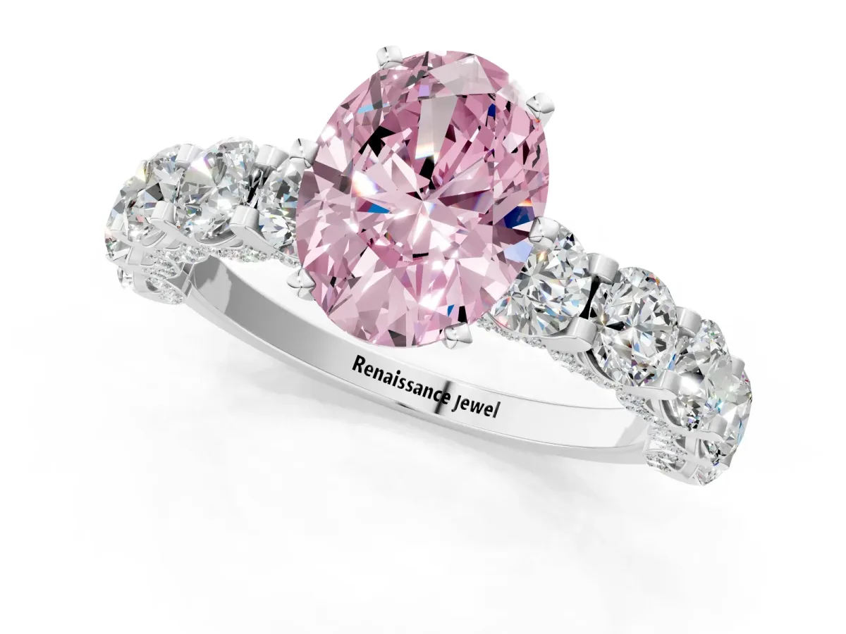 Fancy Pink Oval Cut Diamond Side Stone Engagement Ring with Four-Prong Setting Silver