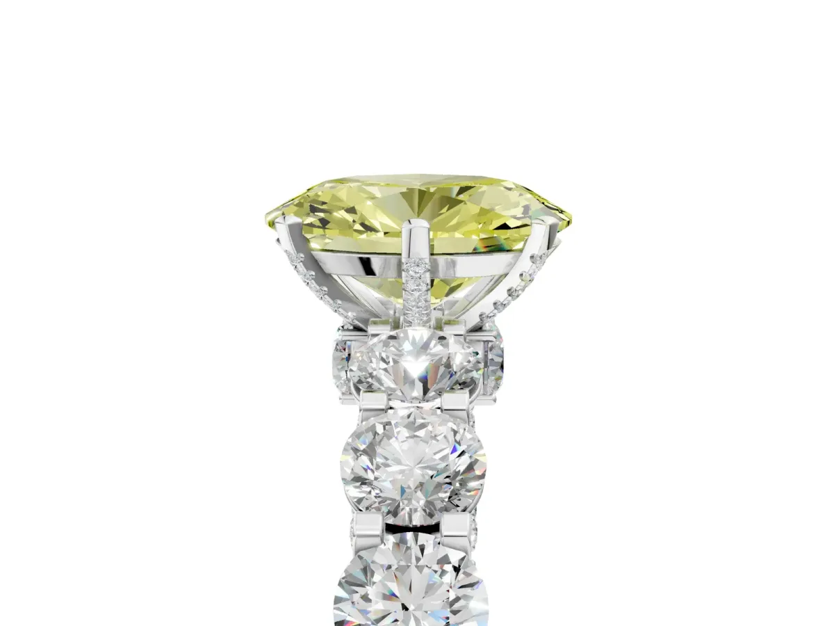 Fancy Yellow Oval Cut Diamond Side Stone Engagement Ring with Four-Prong Setting Silver