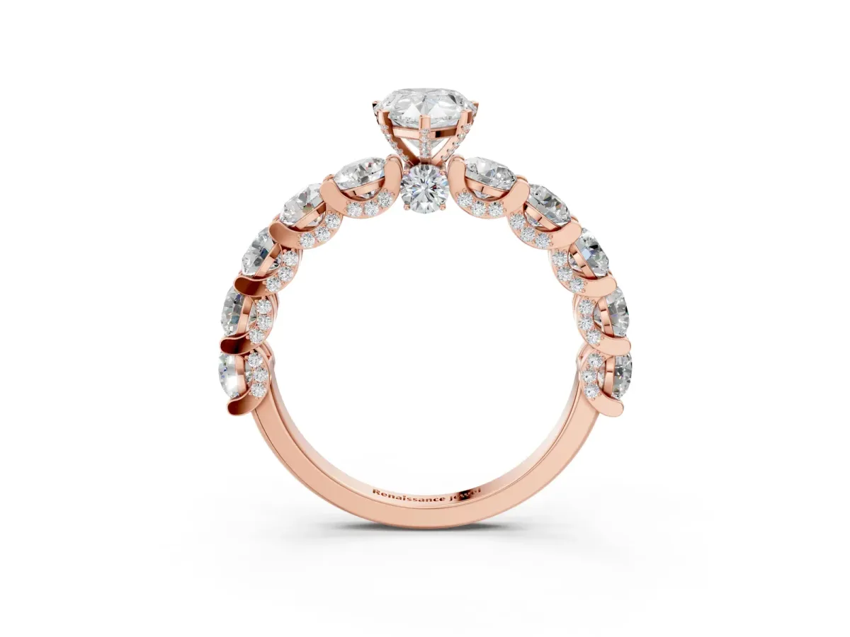 Pear Cut Diamond Side Stone Engagement Ring with Four-Prong Setting Rose gold