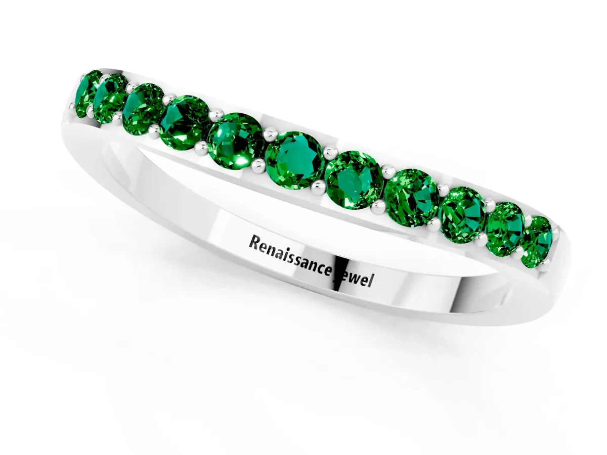 Round Emerald Curved Wedding Band with Channel Setting White gold