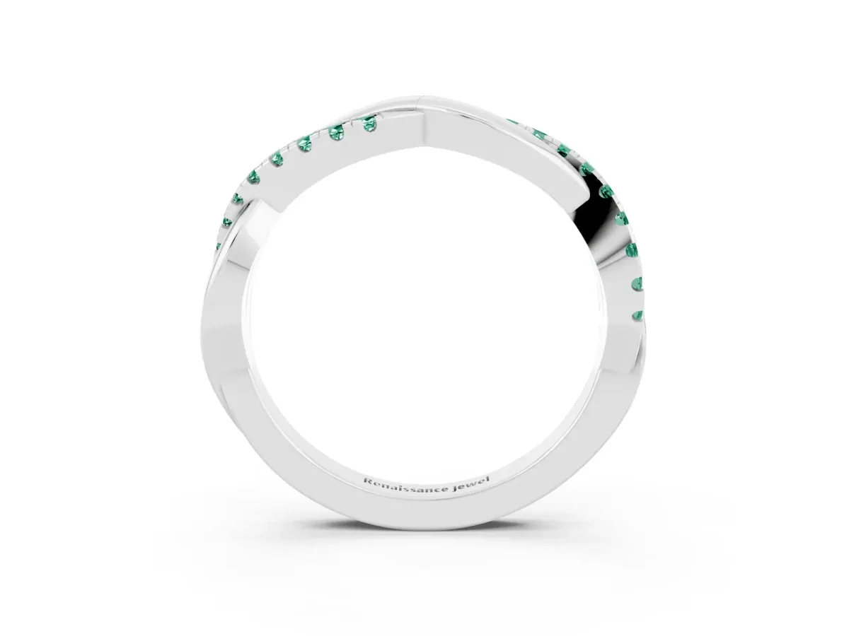 Round Green Sapphire Twisted Infinity Band with Prong Setting White gold