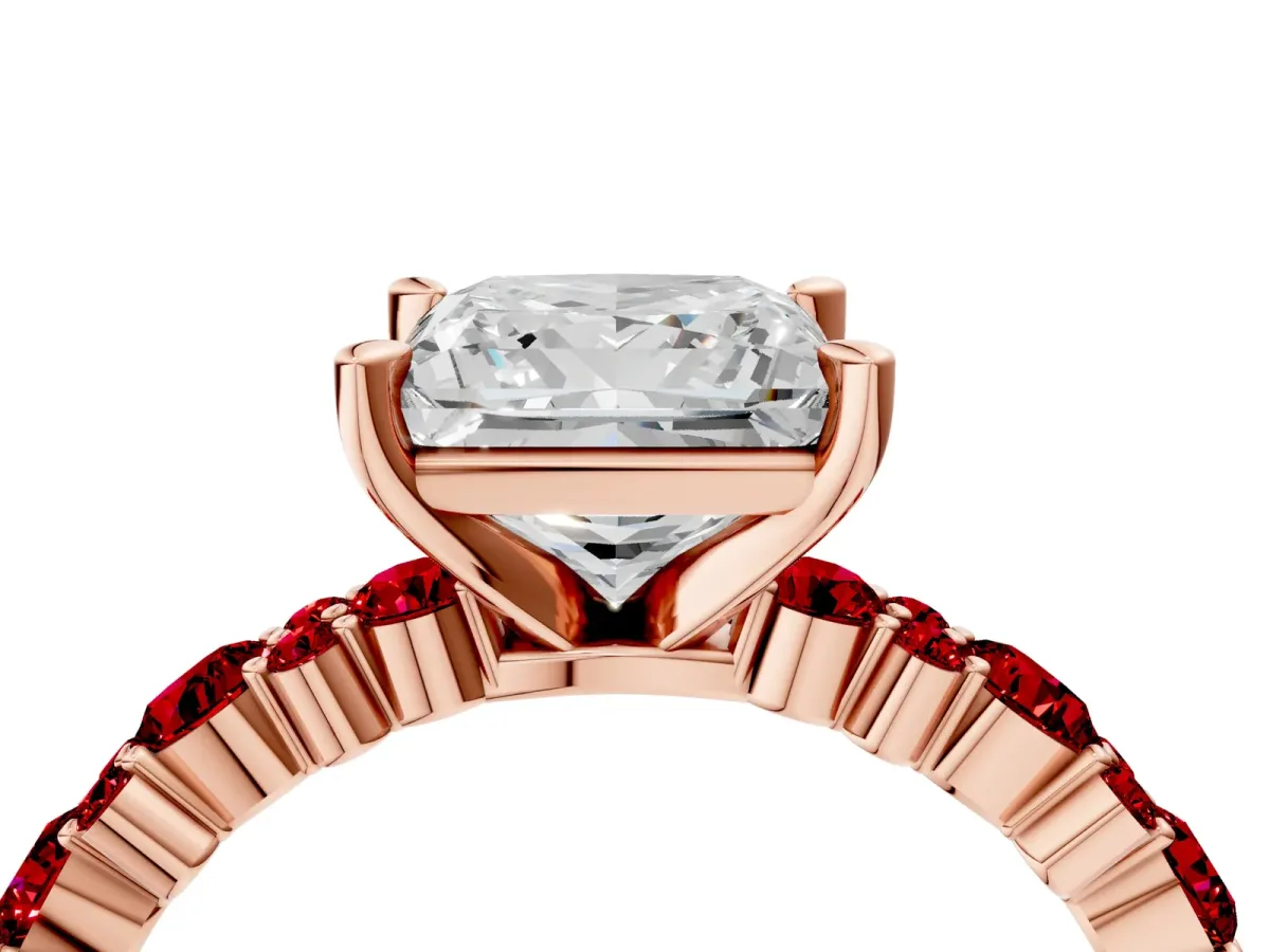 Princess Cut Diamond Side Stone Solitaire Ring with Round Ruby and Four-Prong Setting Rose gold