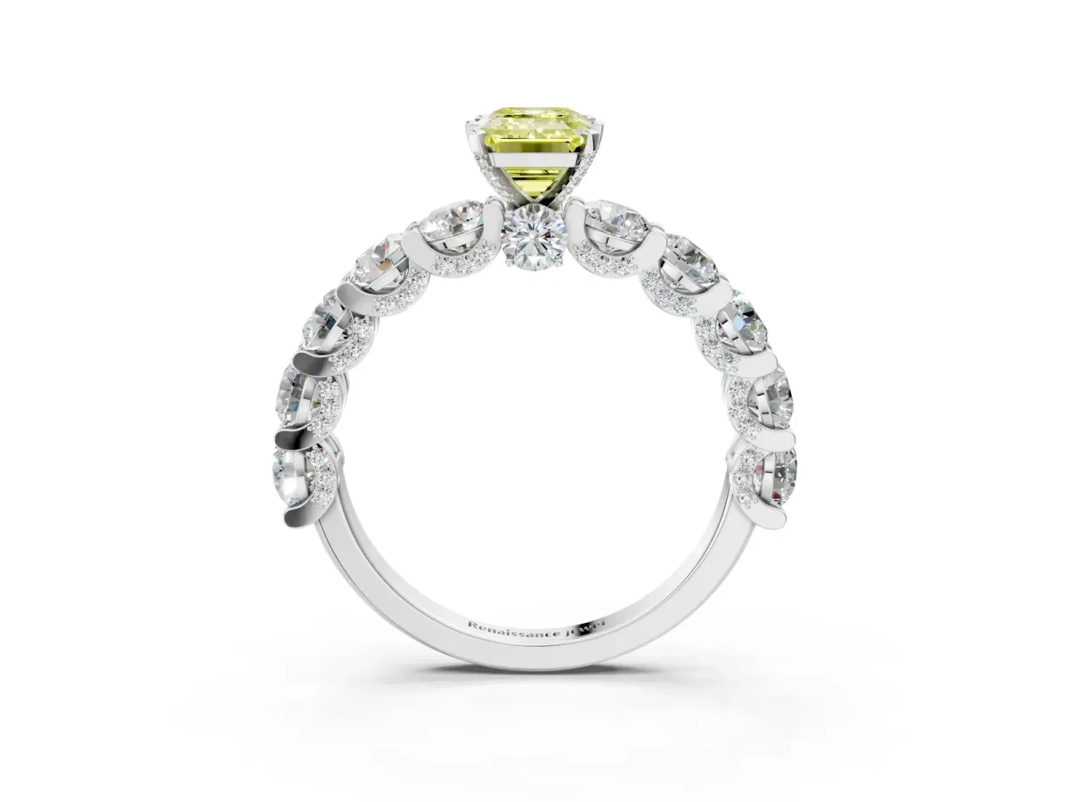 Fancy Yellow Emerald Cut Diamond Side Stone Engagement Ring with Four-Prong Setting White gold