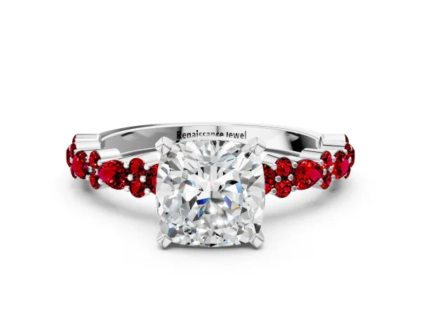 Cushion Cut Diamond Side Stone Solitaire Ring with Round Ruby and Four-Prong Setting Platinum
