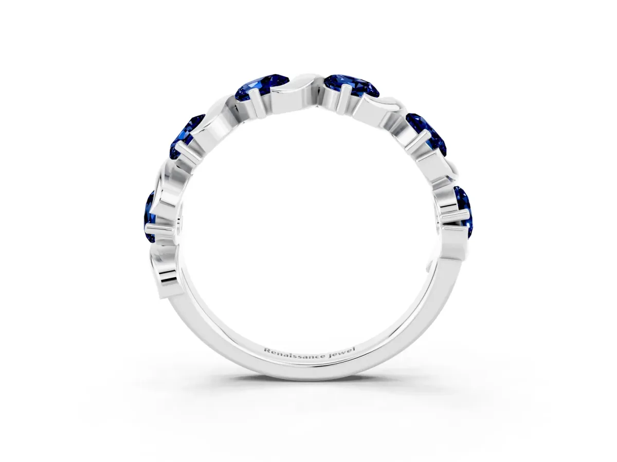 Six-Stone Round Blue Sapphire Wave Band with Shared Prong Setting Silver
