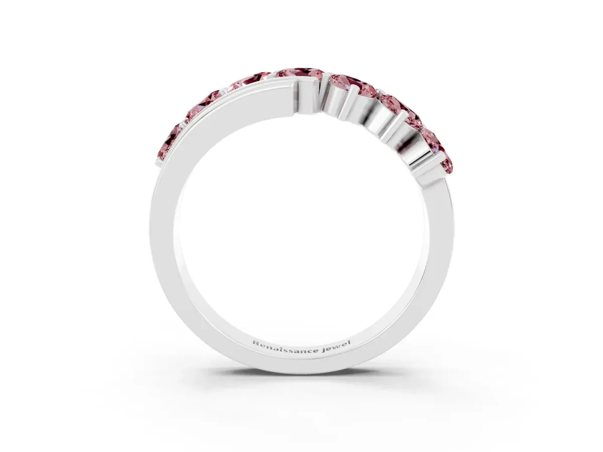 Round Morganite Wave Band with Channel and Shared Prong Setting Silver