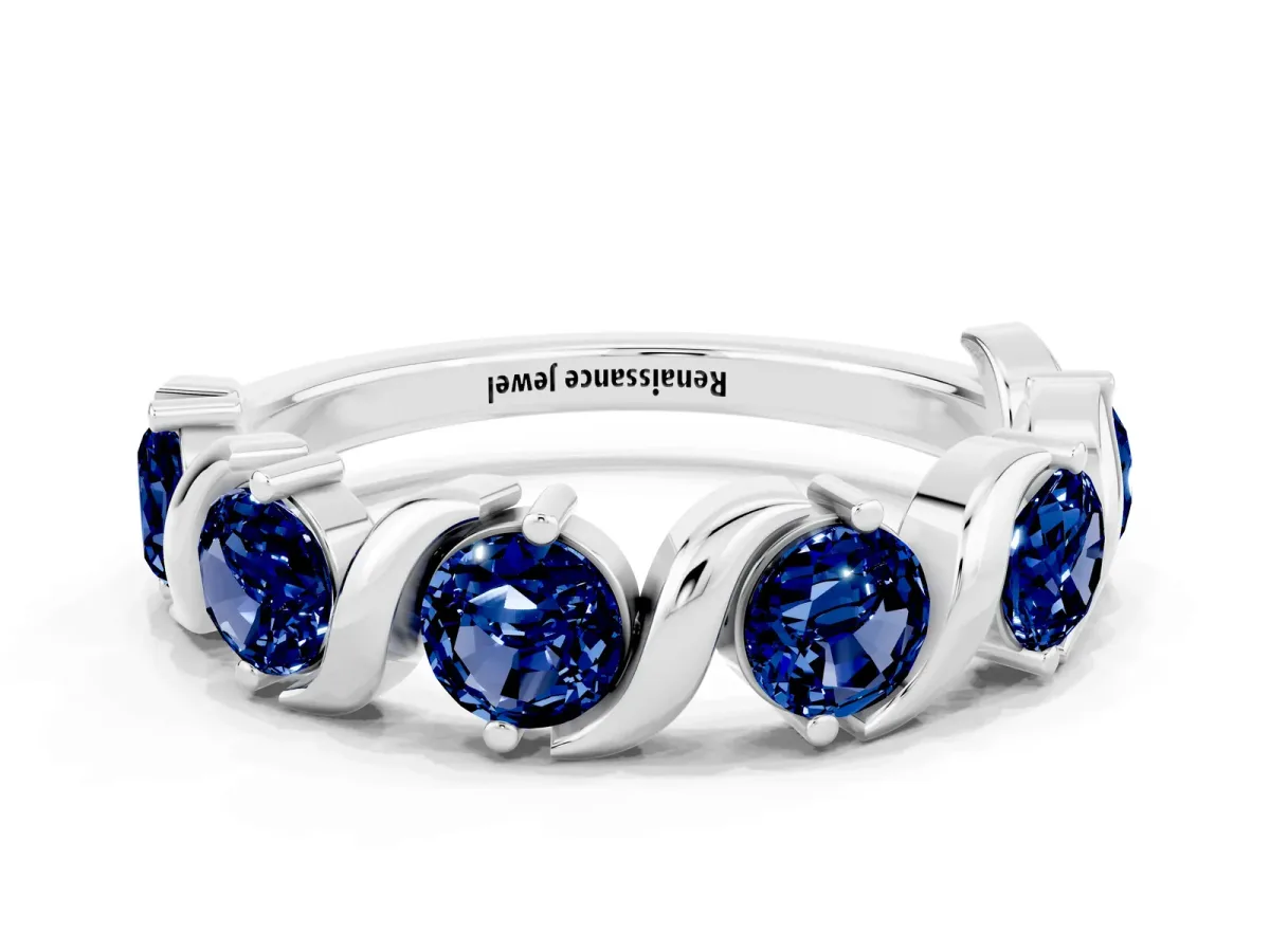 Six-Stone Round Blue Sapphire Wave Band with Shared Prong Setting Silver