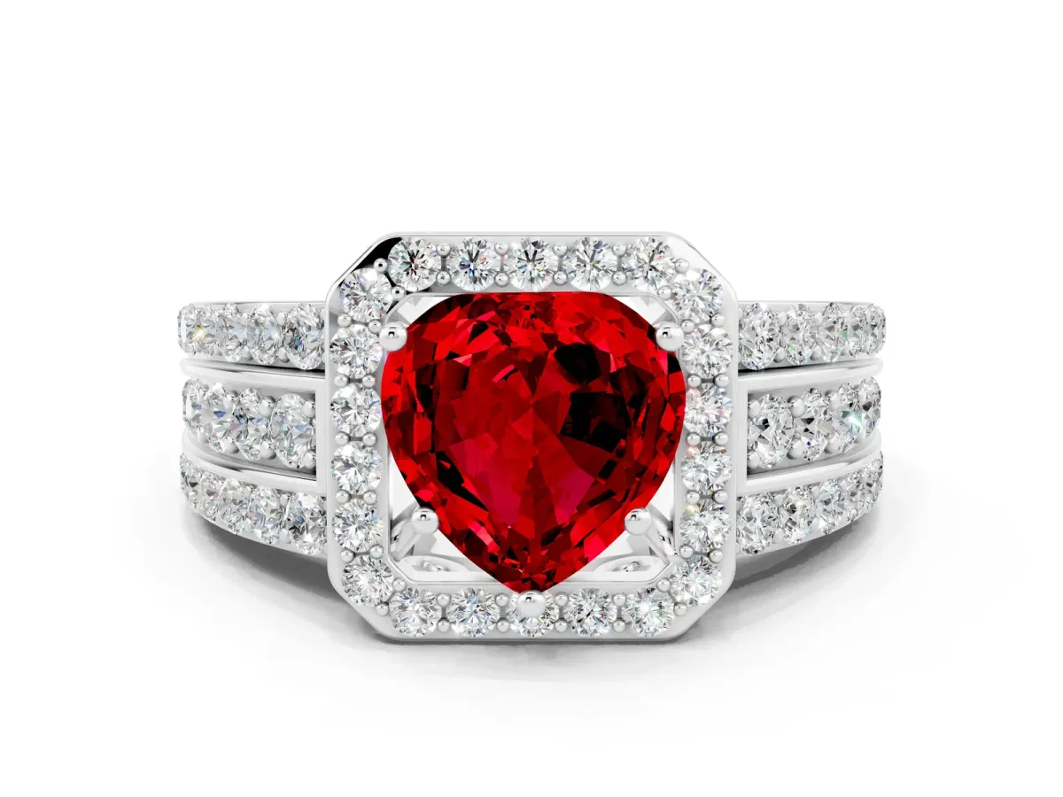 Heart Cut Halo Ruby Ring with Round Split Shank and Prong Setting White gold