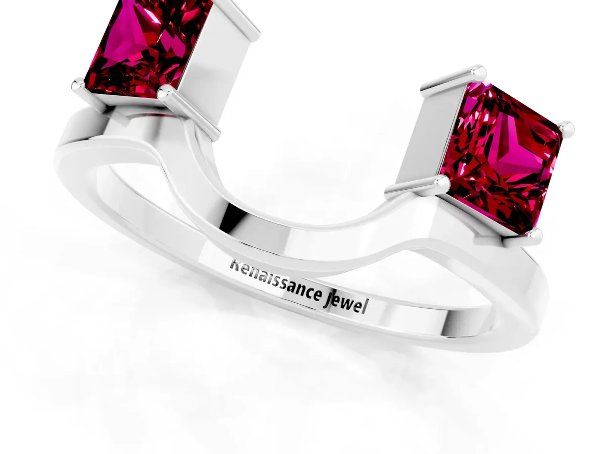 Princess Cut Garnet Two-Stone Open Band Ring with Four-Prong Setting Silver